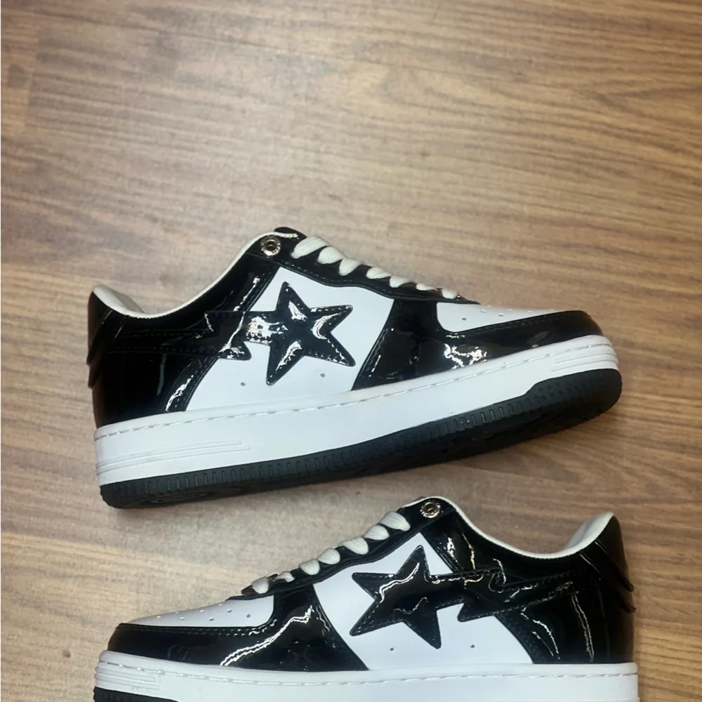 A Bathing Ape Bape Sta Low Black White Patent Leather Sneakers Streetwear Shoes - Picture 6 of 7